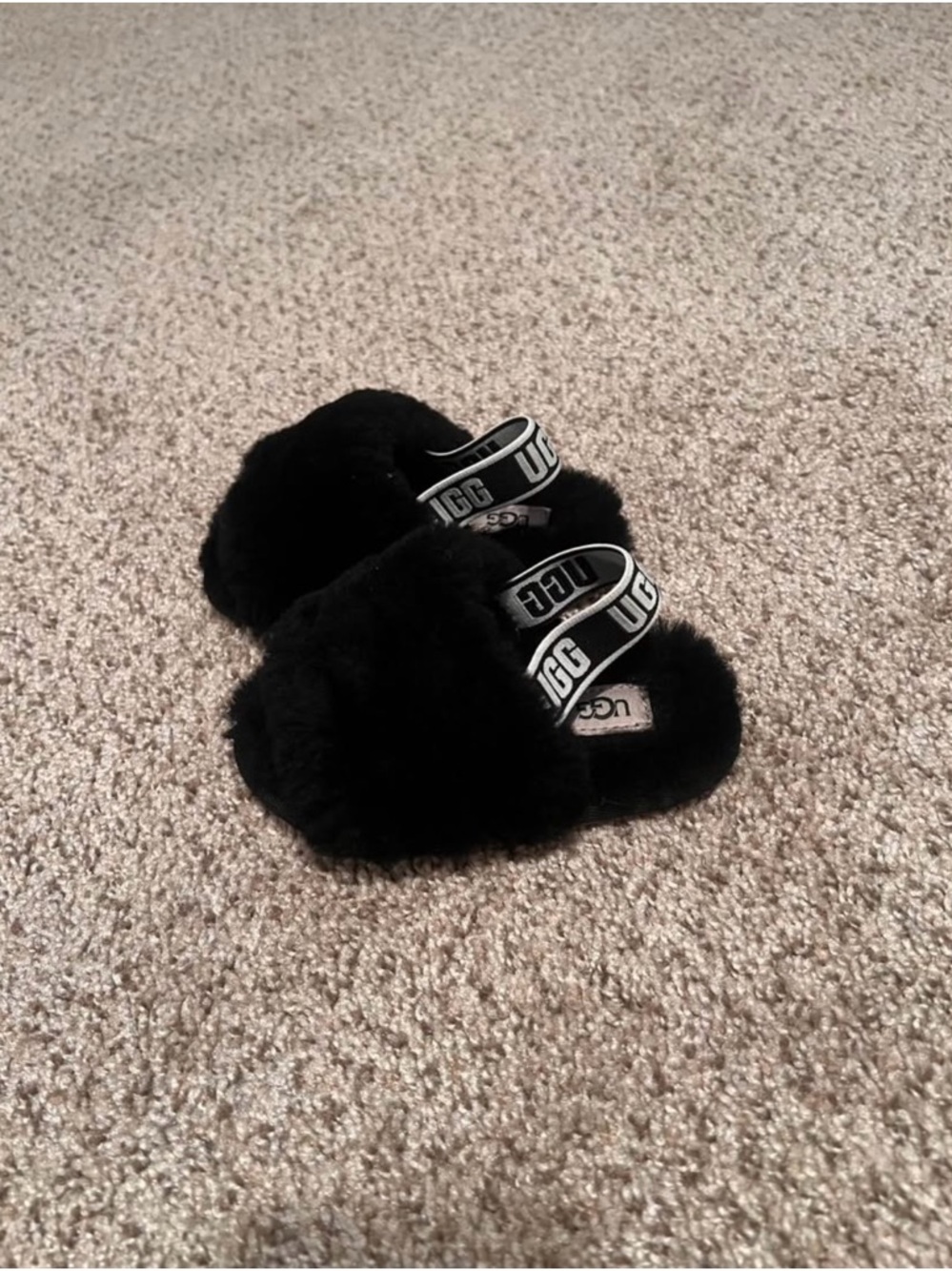 UGG Black Fuzzy Slide with Logo Straps